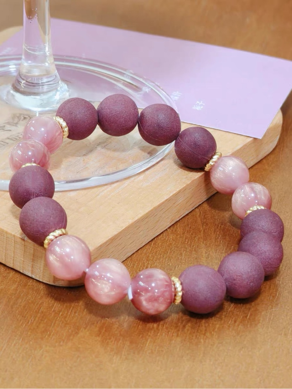 Pink & Purple Beaded Stretch Bracelet with Gold Accents